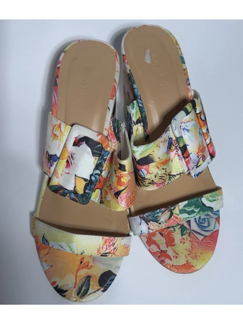 Bamboo Floral Print Buckle Slide Sandals Women’s 7.5 Block Heel Multicolor